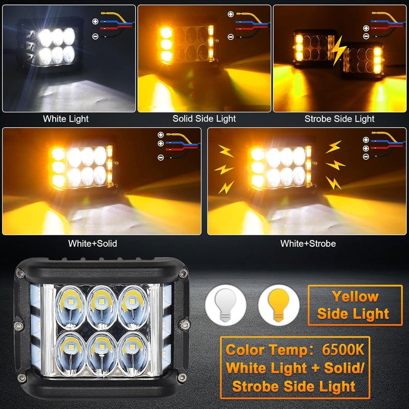 POVTOR Side Shooter LED Pod Lights - 4 inch Off Road LED Light Pods with Dual Yellow Solid & Strobe Spot Beam - ATV UTV SUV 4x4 Boat - Image 2